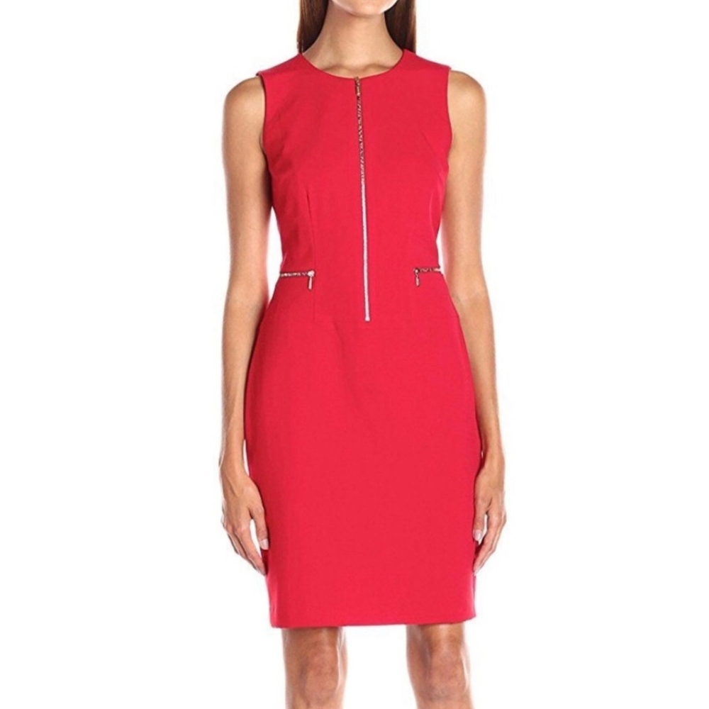 Calvin Klein Red Sleeveless Zipper Sheath Dress Sz12 Business Casual Officesiren